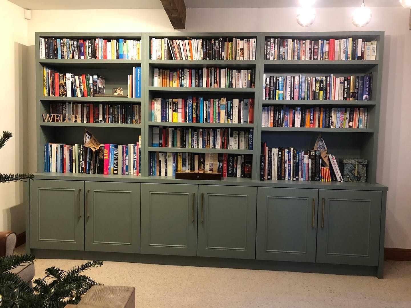 Walk-in feature bookcase in reed green, with cupboards below and brass handles